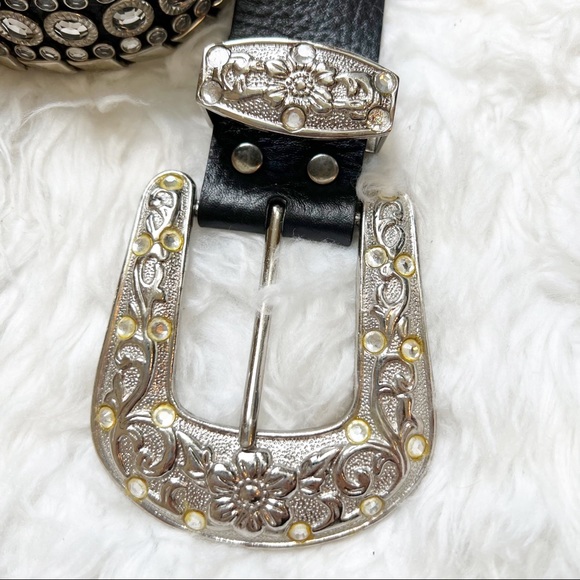 Women’s leather belt with large silver buckle black silver bling rhinestones - Picture 2 of 9